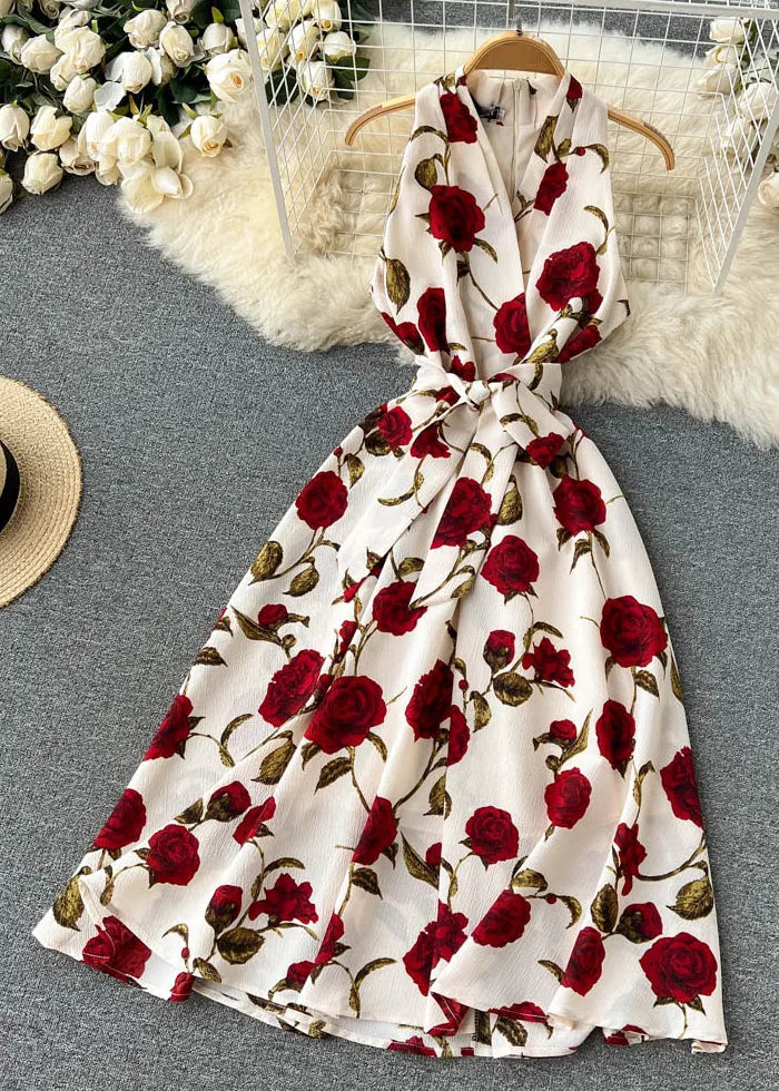Apricot Zippered Print Chiffon Long Dress Sleeveless