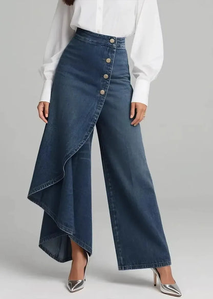 Blue Asymmetrical Patchwork Denim Pants Spring