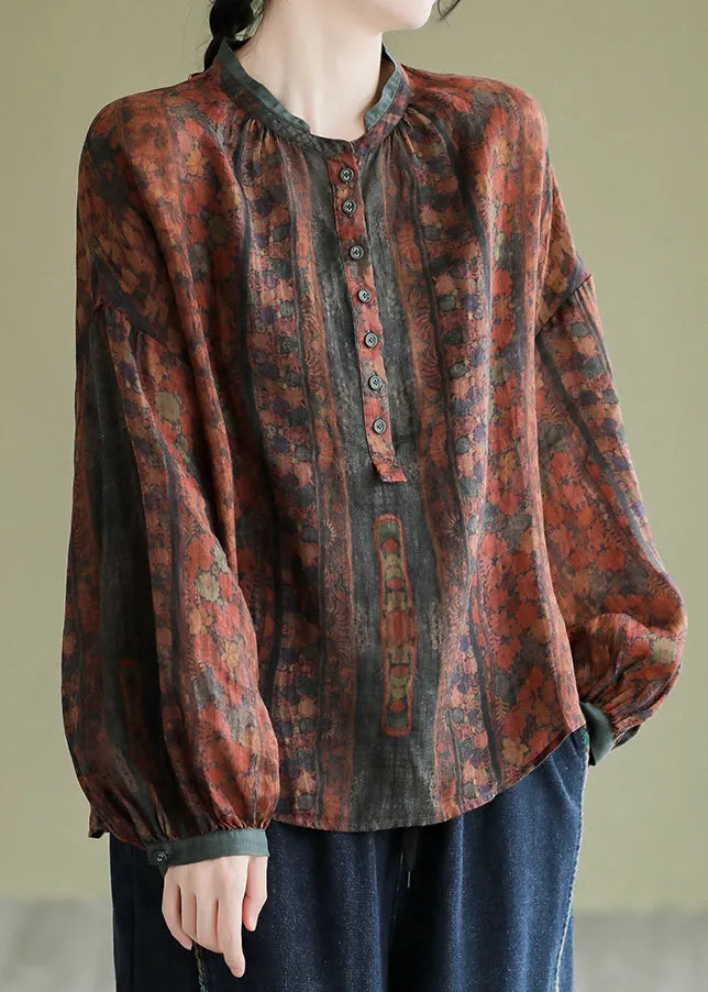 Orange Stand Collar Print Button Linen Shirts Long Sleeve