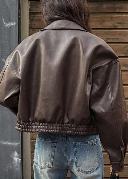 Fitted Brown Zip Up Pockets Faux Leather Coat Outwear Fall