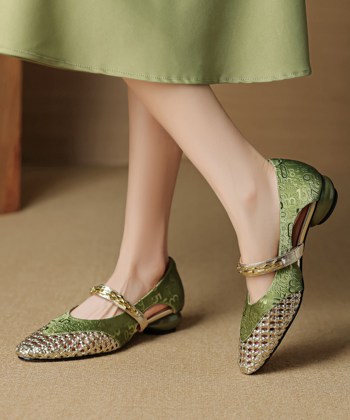Green Cowhide Leather Splicing Hollow Out Chunky Shoes