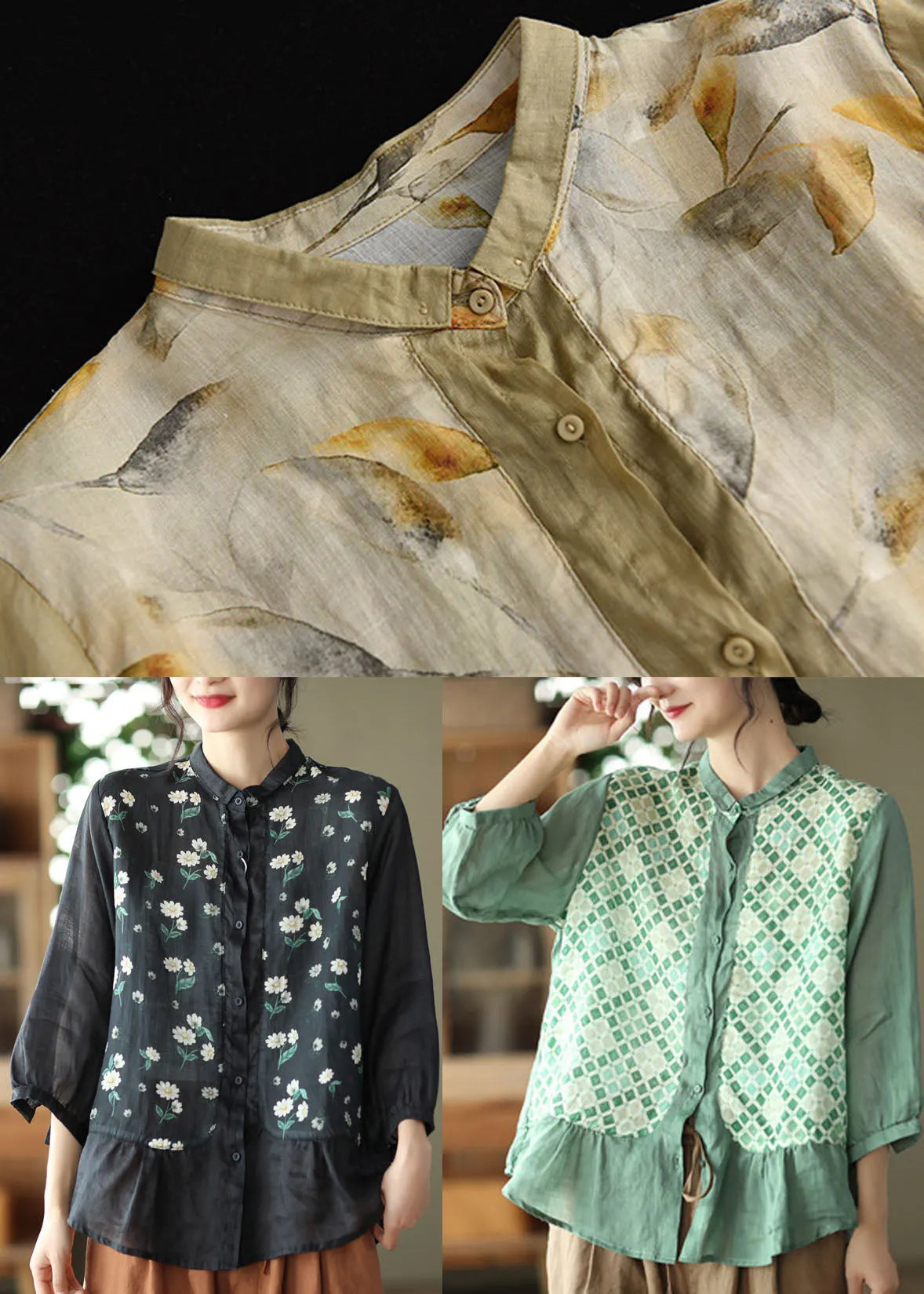 Khaki Print Linen Blouses Ruffles Peter Pan Collar Three Quarter Sleeve