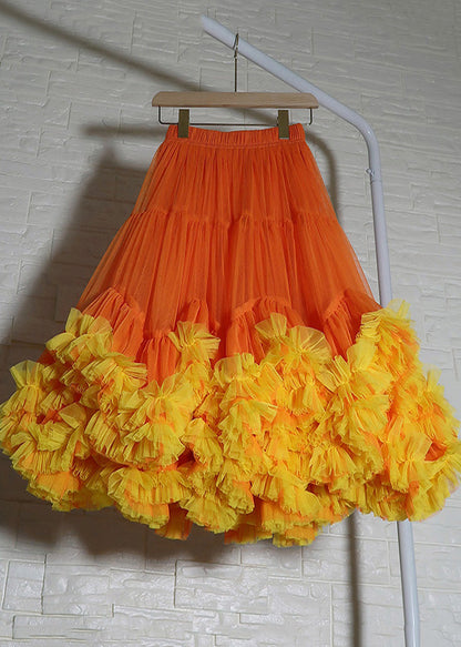Orange Ruffled Patchwork Tulle Skirts Summer