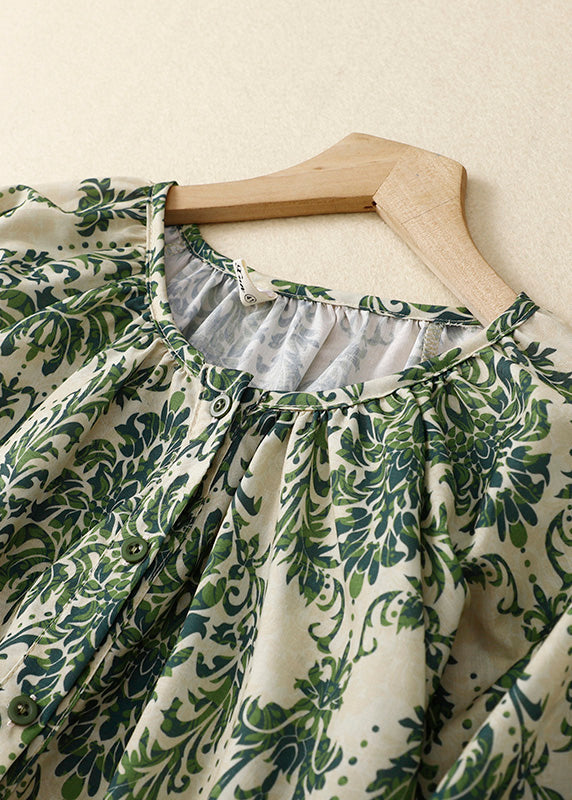 Organic Green O-neck Print Chiffon Top Summer