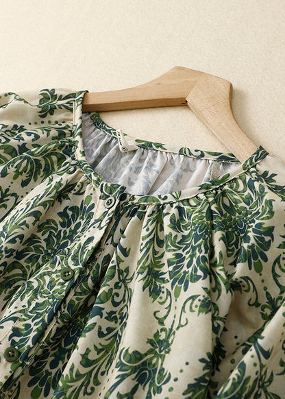 Organic Green O-neck Print Chiffon Top Summer