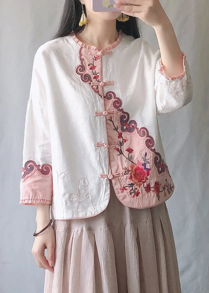 Pink Ruffled Embroideried Chinese Button Cotton Short Coat Spring