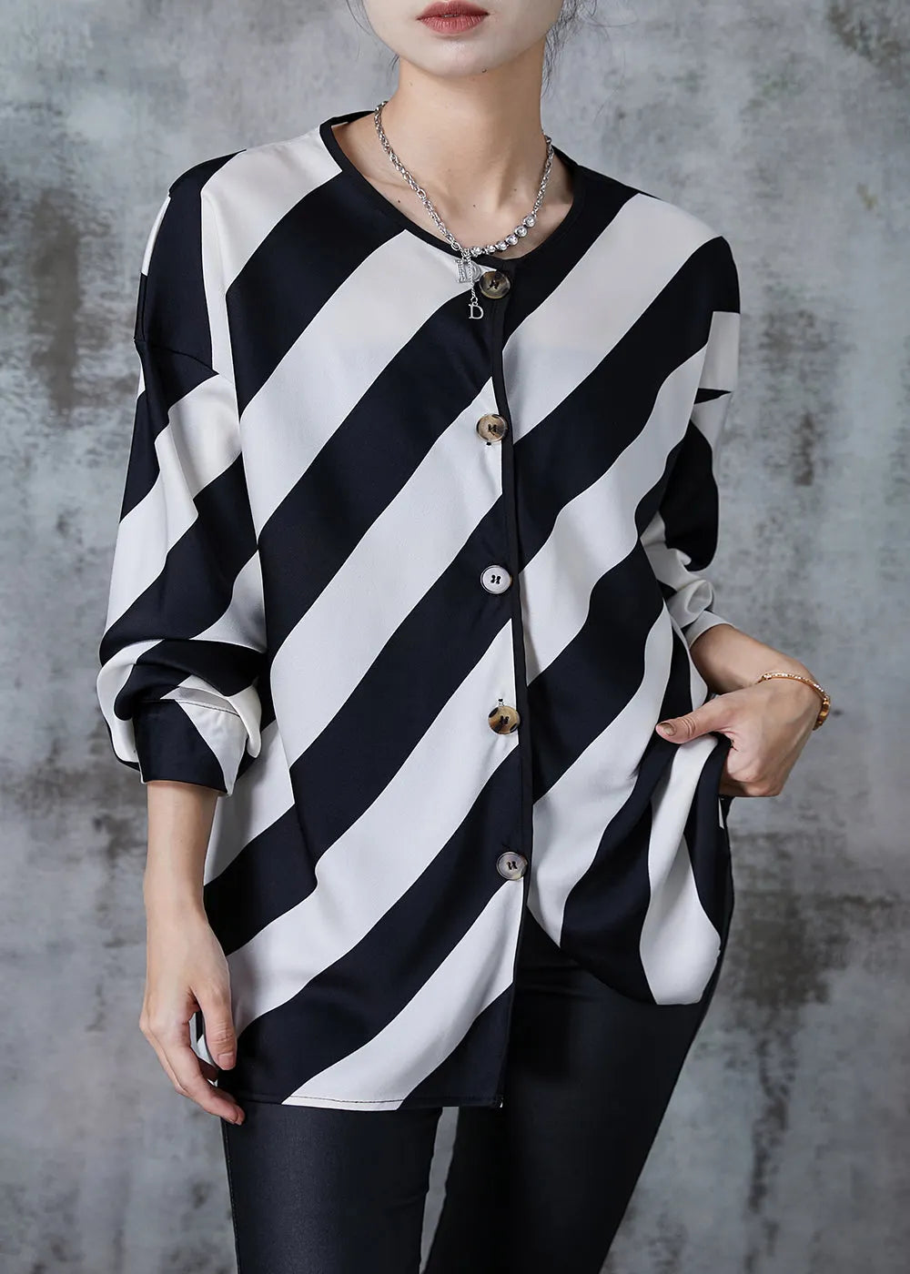 Black White Striped Oversized Chiffon Shirts Spring