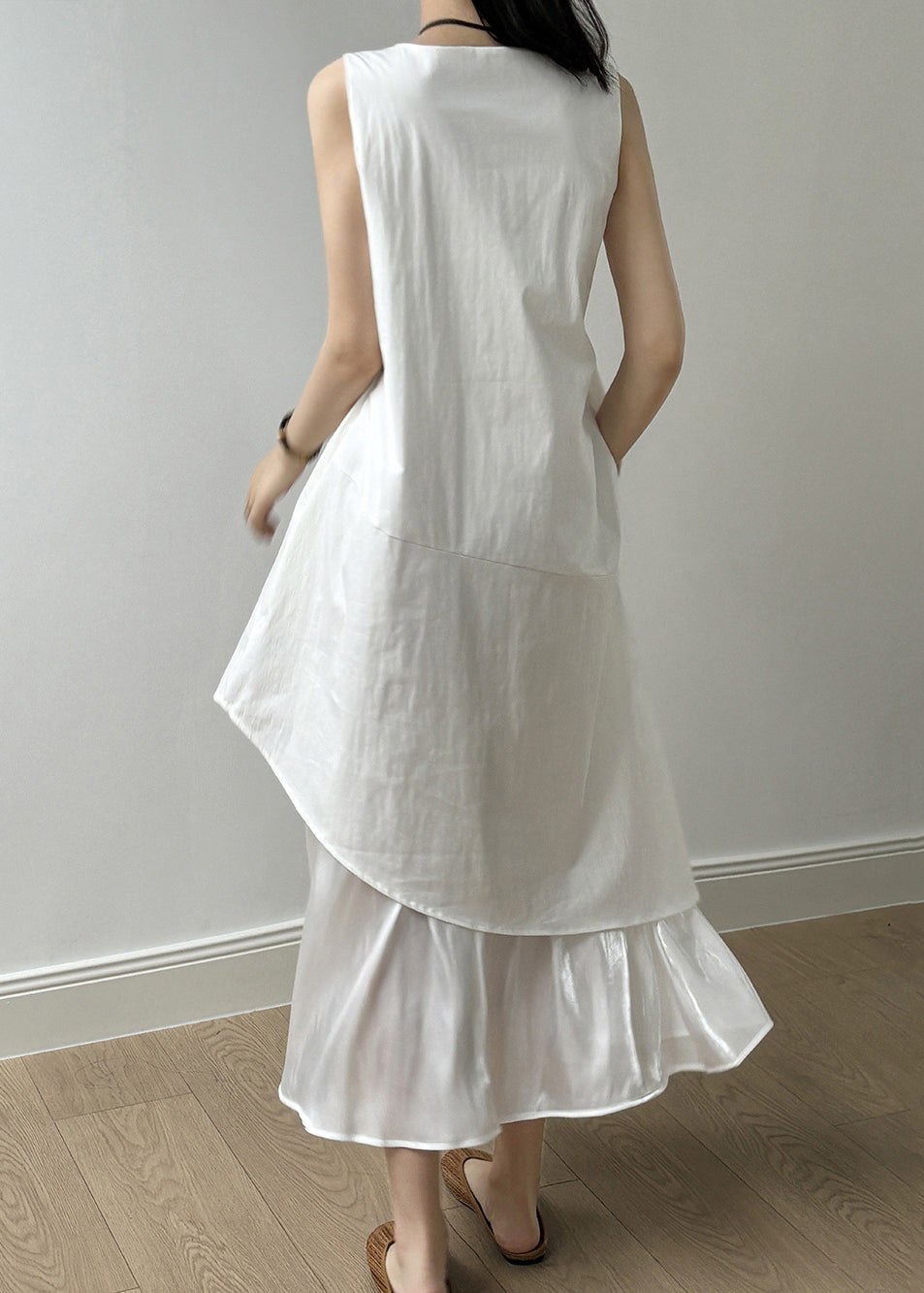 New White Square Collar Patchwork Cotton Long Dresses Sleeveless