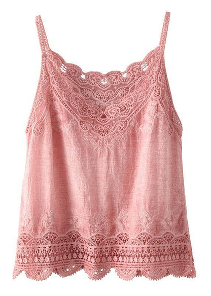 Pink Embroidered Lace Hollow Out Summer Cotton Vest Sleeveless