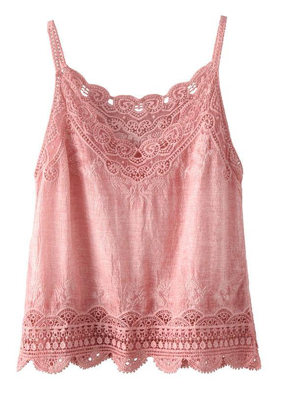 Pink Embroidered Lace Hollow Out Summer Cotton Vest Sleeveless