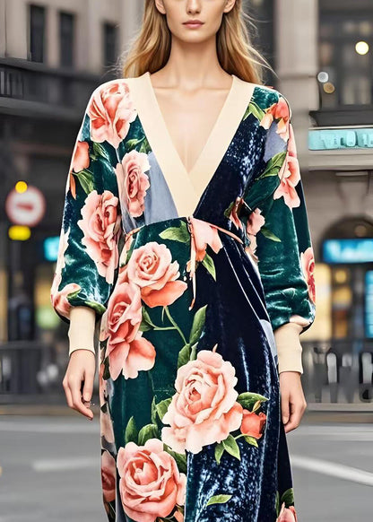 Colorblock V Neck Patchwork Print Silk Velvet Dresses Fall