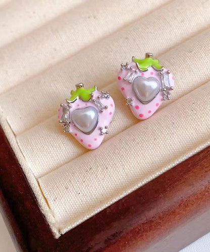 Pink Copper Zircon Pearl Strawberry Love Stud Earrings