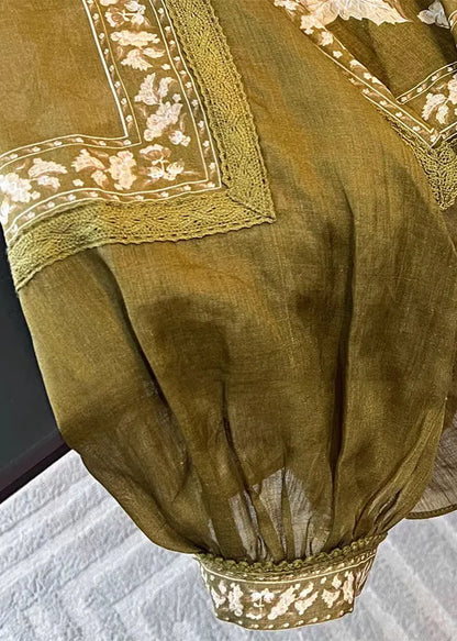 New Green Button Print Patchwork Linen Blouses Fall
