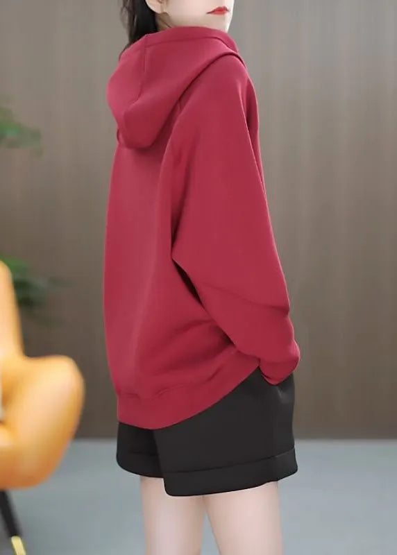 Red Hooded Asymmetrical Cotton Pullover Sweatshirt Winter