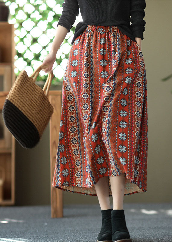 Red Elastic Waist Pockets Linen a Line Skirts Summer