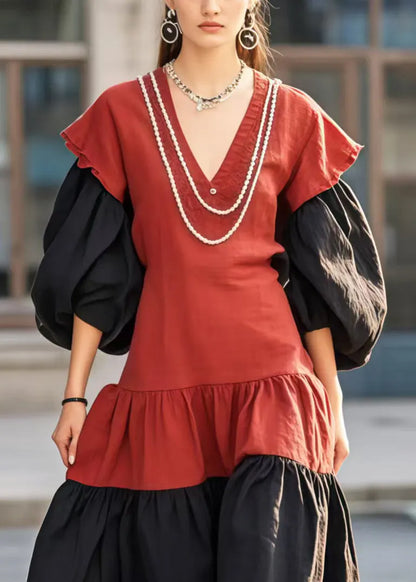 Stylish Colorblock V Neck Patchwork Exra Large Hem Party Dresses Lantern Sleeve
