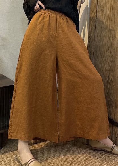 Loose Khaki Elastic Waist Linen Wide Leg Pants Summer