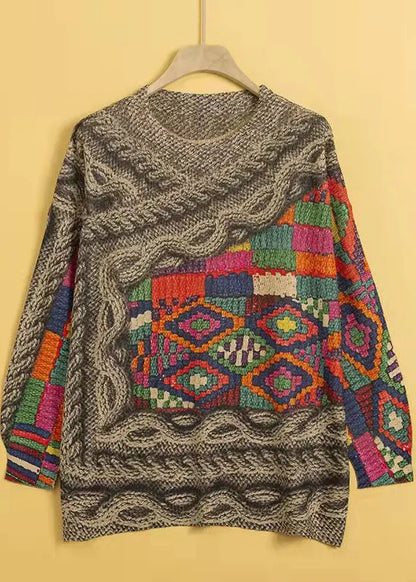 O-neck Print Mink Hair Knitted Sweaters Winter