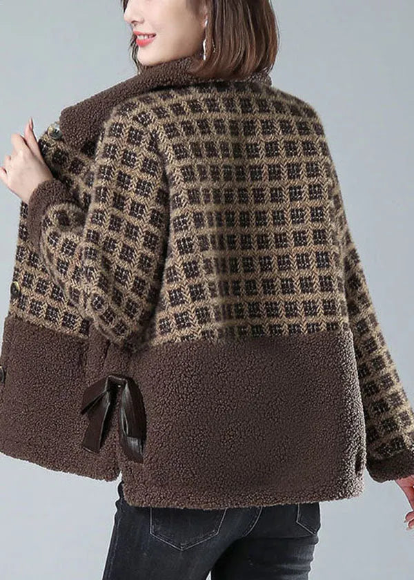 Khaki Peter Pan Collar Pockets Plaid Faux Fur Coats Winter