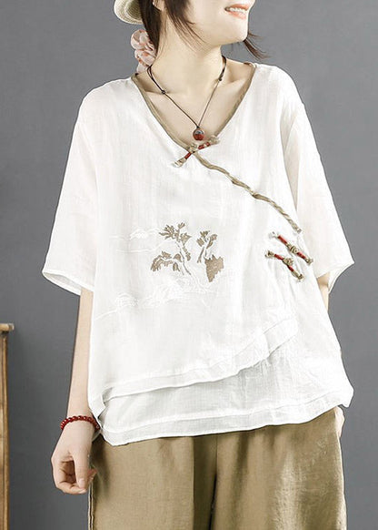Diy White V Neck Embroidered Linen Tops Half Sleeve