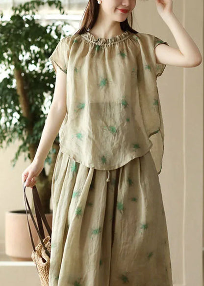 Green Print Patchwork Linen T Shirt Top Ruffled Short Sleeve