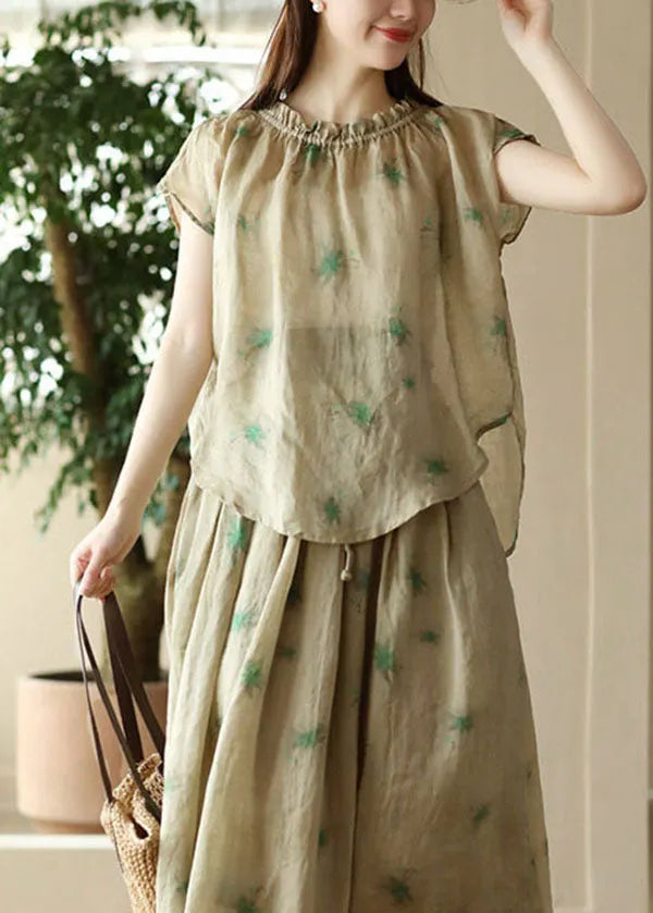 Green Print Patchwork Linen T Shirt Top Ruffled Short Sleeve