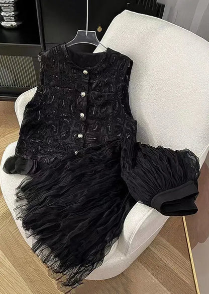 Black Sequins Waistcoat Tops and Skirts Two Pieces Set Sleeveless