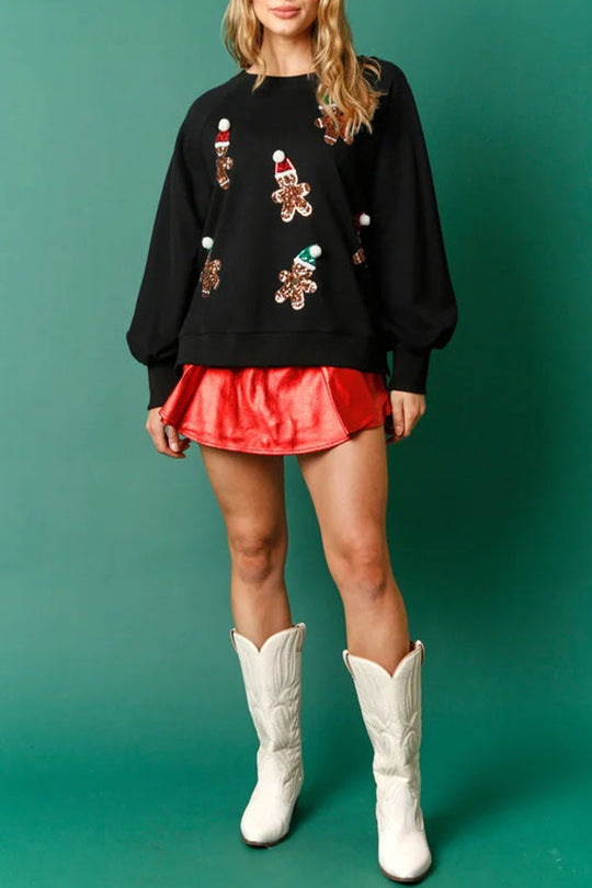 Christmas Gingerbread Man Sequin Long-Sleeve Sweatshirt