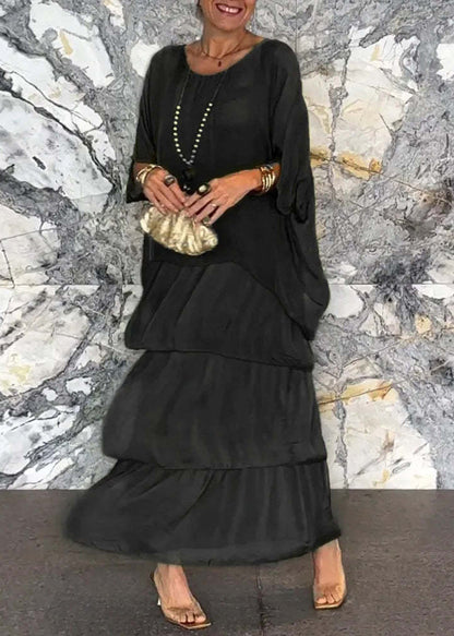 Loose Grey O Neck Chiffon Long Dress Half Sleeve
