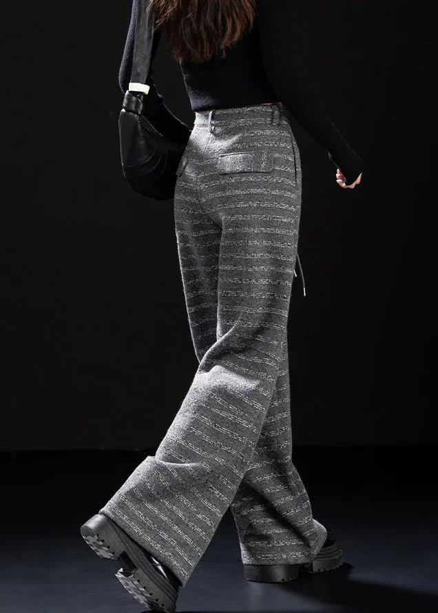 Grey Pockets Striped Woolen Wide Leg Pants Winter