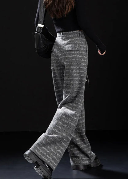 Grey Pockets Striped Woolen Wide Leg Pants Winter