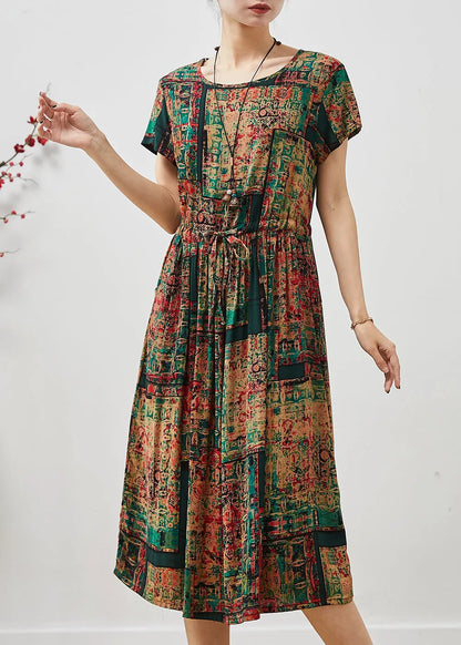 Brown Cinched Print Cotton Maxi Dresses Summer