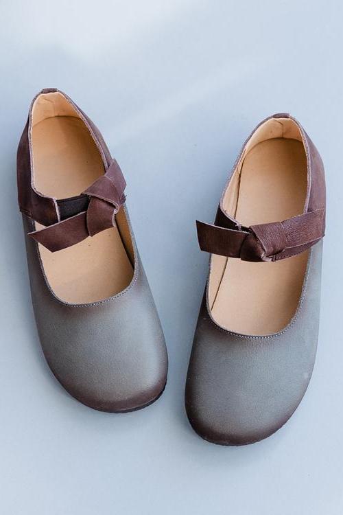 Gray Bow Knot Leather Flat Shoes for