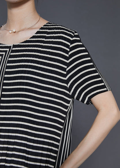 Black Striped Wrinkled Chiffon Long Dresses Summer
