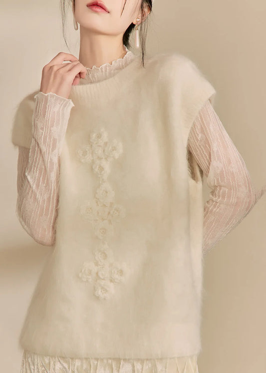 Simple Beige O-neck Cozy Cotton Knit Waistcoat Winter