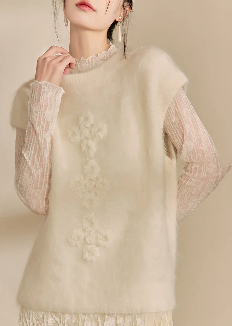 Simple Beige O-neck Cozy Cotton Knit Waistcoat Winter