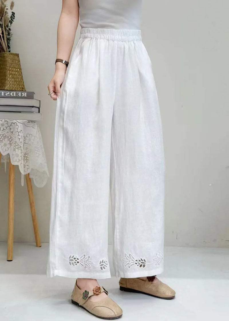 Italian White Embroidered Hollow Out Linen Wide Leg Pants Summer