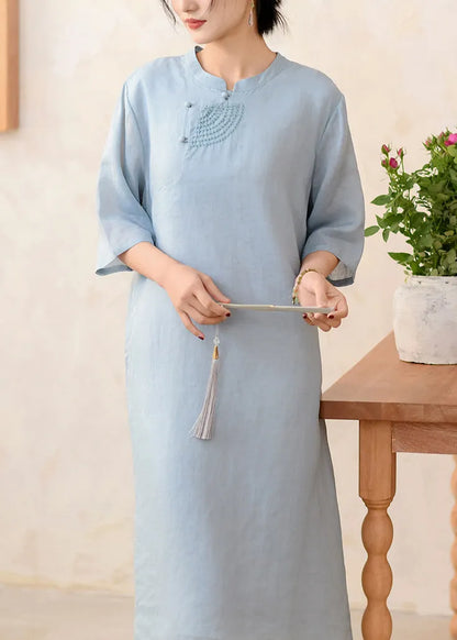 Pink Stand Collar Embroidered Linen Dresses Half Sleeve