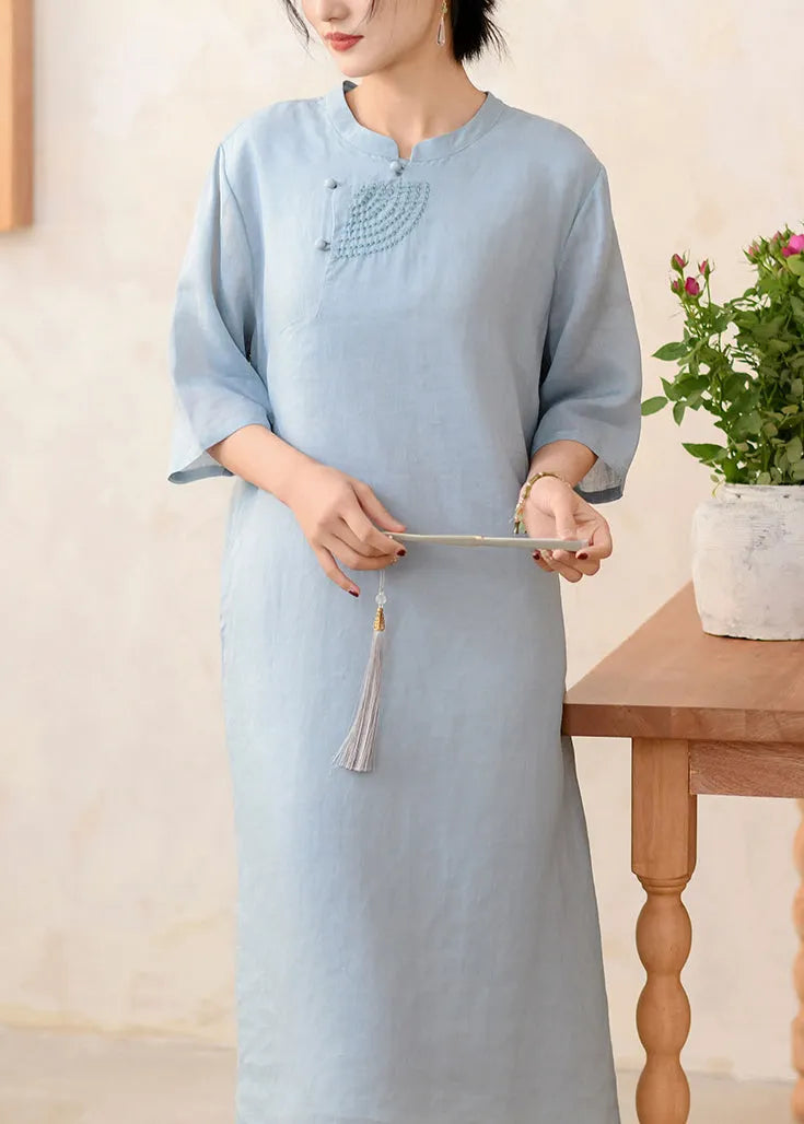 Pink Stand Collar Embroidered Linen Dresses Half Sleeve