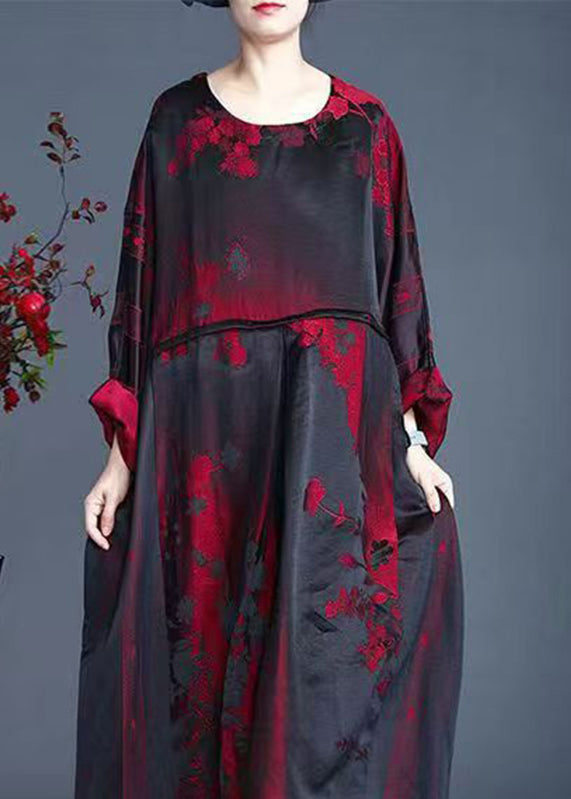 Jacquard Red O-neck Pockets Print Silk Maxi Dress Spring