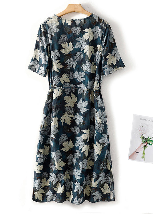 Blue V Neck Print Tie Waist Cotton Dress Summer