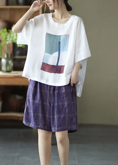 Style White O-neck Oversized Print Linen Tank Tops Short Sleeve