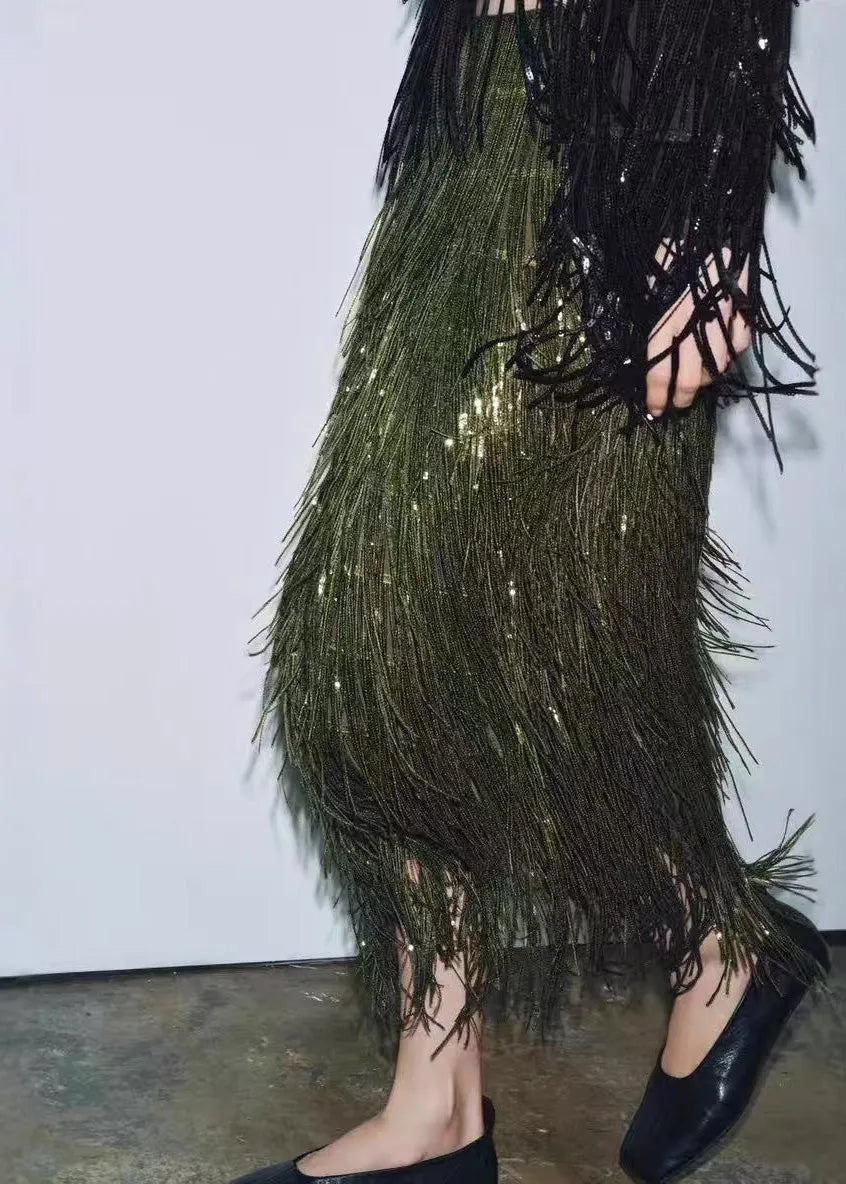 Modern Green Tassel Polyester Sequins Skirt Spring