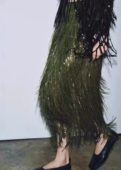 Modern Green Tassel Polyester Sequins Skirt Spring