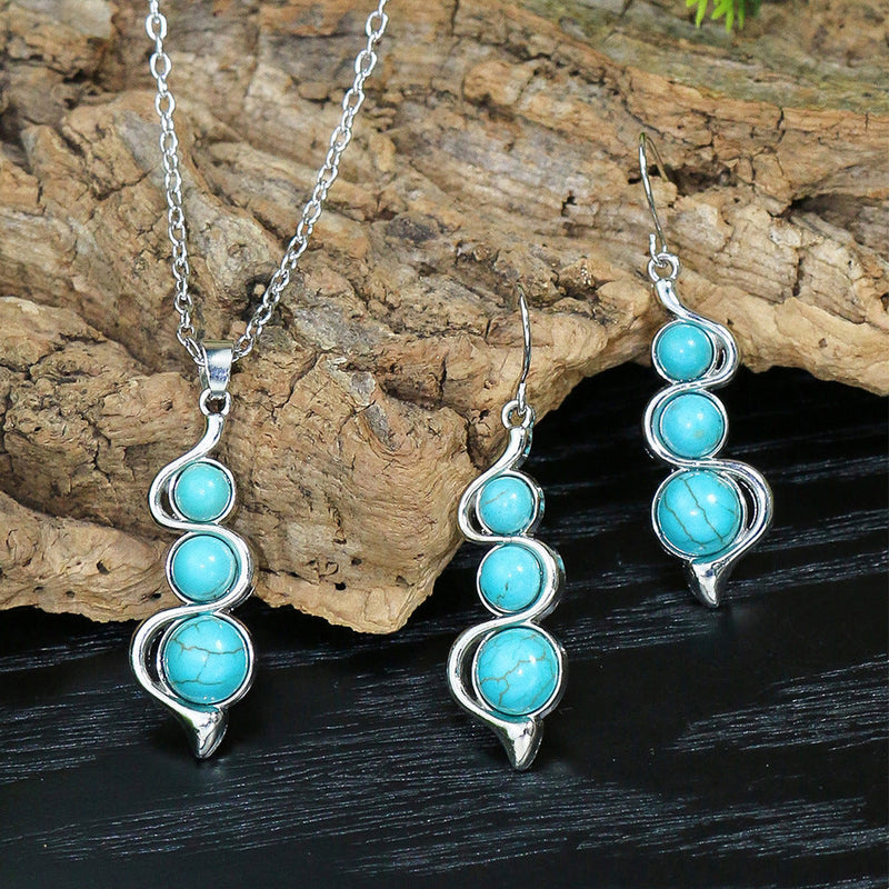 Court Geometric Carved Turquoise Diamond Earrings Necklace Set
