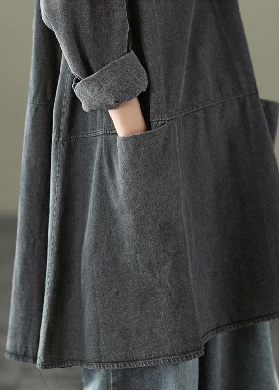 Black Grey-white Flowers O-neck Pockets Denim Long Dresses Long Sleeve