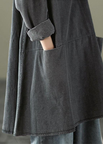 Black Grey-white Flowers O-neck Pockets Denim Long Dresses Long Sleeve