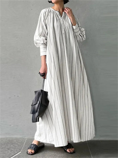 Cotton and Linen Striped Round Neck Long Sleeve Insert Pockets Simple Loose Long Section Pullover Dress