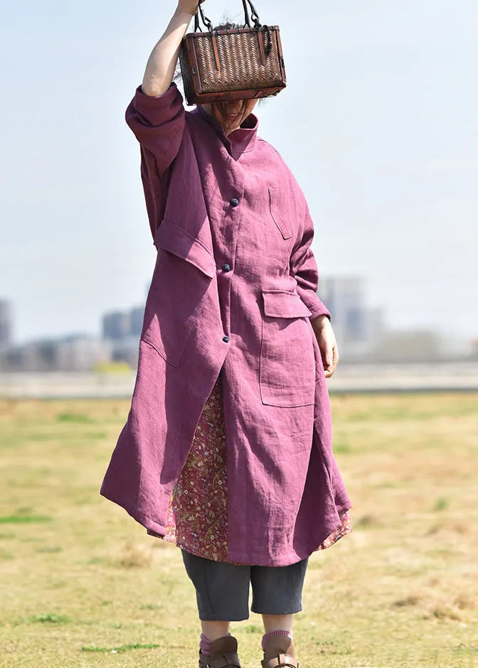 Black Stand Collar Pockets Linen Coat Spring