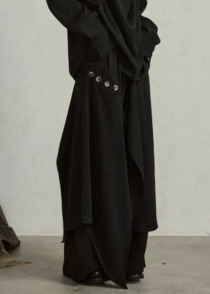 Novelty Black Asymmetrical Patchwork Button Wide Leg Pants Skirt